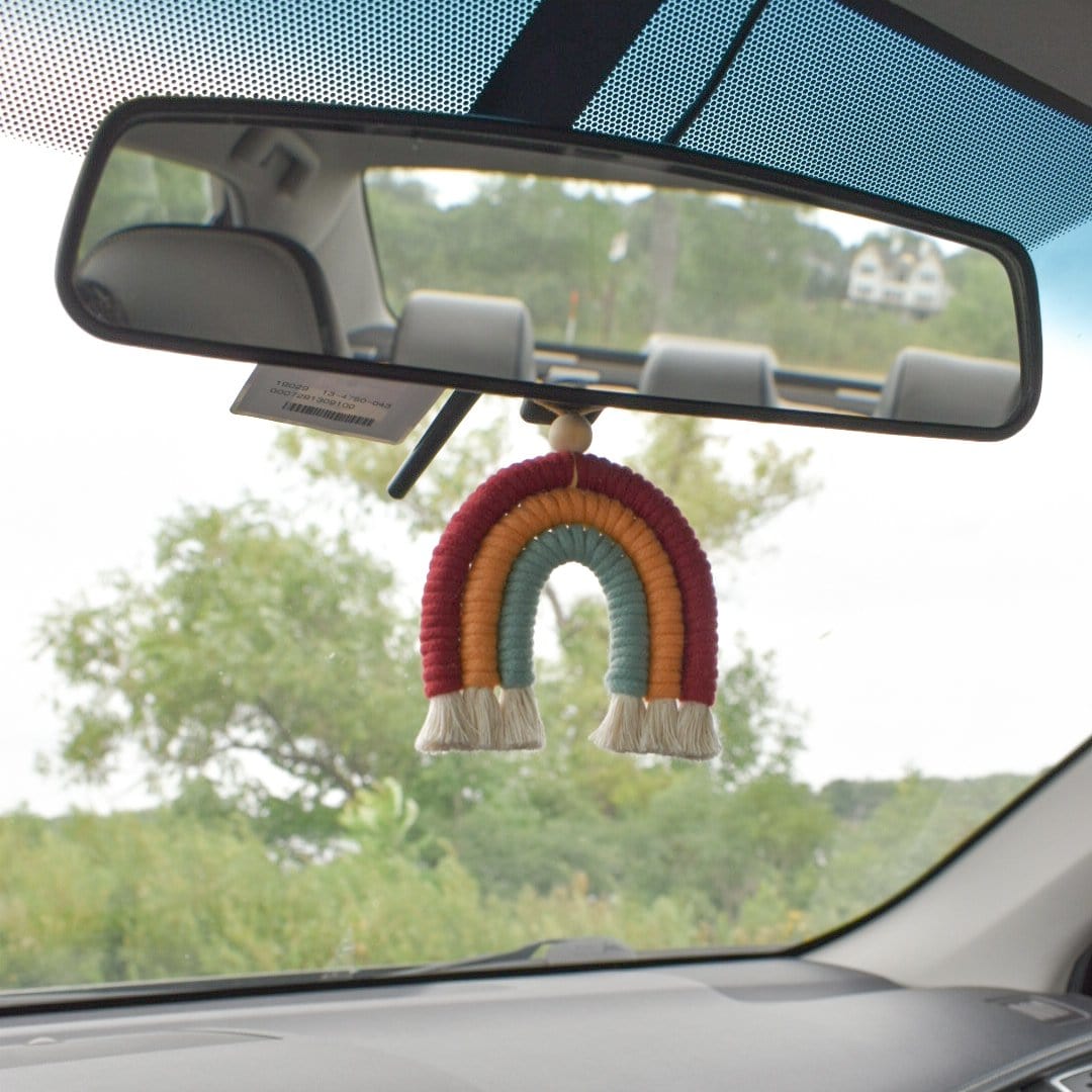 Handmade Rainbow Macrame Rear Mirror Car Hanging in Aqua Blue, Yellow, and Red Wine