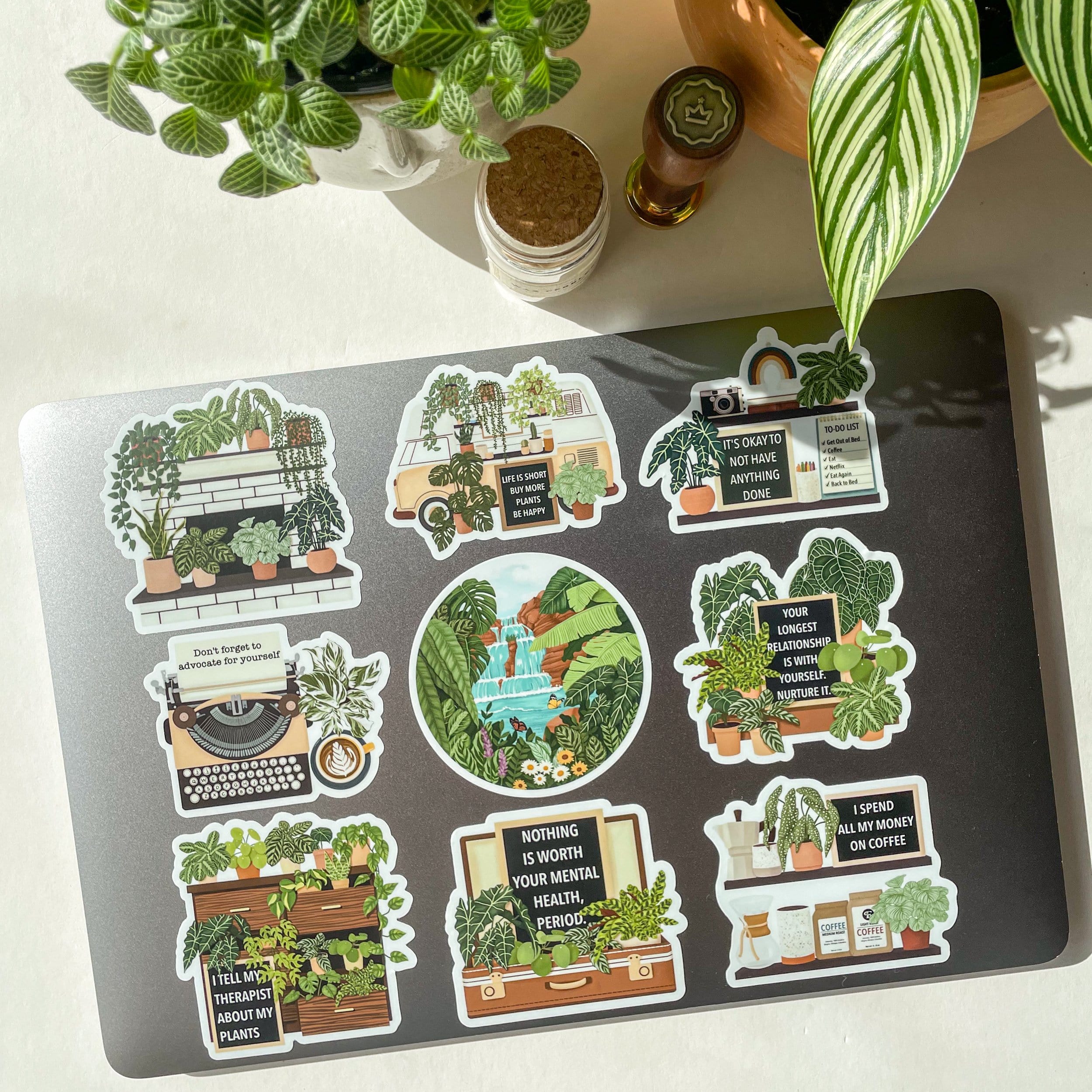 plant and mental health sticker on laptop as decorative sticker